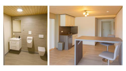 two pictures of a kitchen with a table and a bathroom at Ferienhaus Cosyhome Vogelsberg in Köddingen