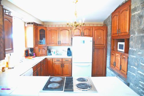 a kitchen with wooden cabinets and a white refrigerator at Noble Waterfront Suites in Brockville