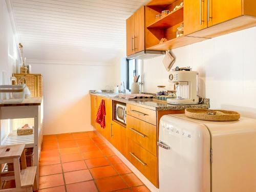 a kitchen with wooden cabinets and a white refrigerator at Pijamas House in Gafanha da Encarnação