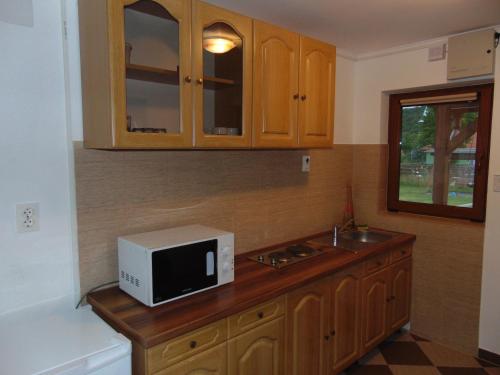 una cocina con fregadero y microondas en una encimera en Casa Loksi, en Sovata