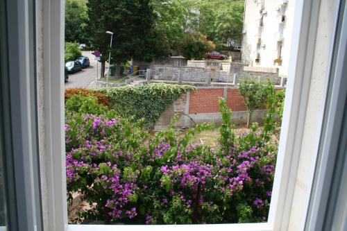 a window view of a garden with purple flowers at Holiday Home Isabella in Vis