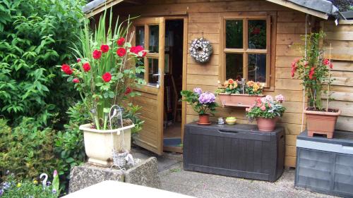 a small house with potted plants in front of it at Österdeichstrich in Oesterdeichstrich