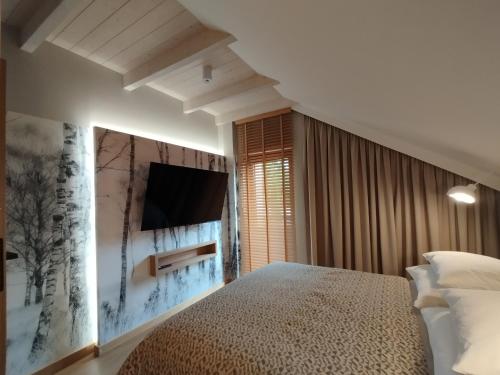 a bedroom with a bed and a tv on the wall at Sileo Nature in Ustka