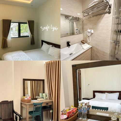 a room with a bed and a sink and a mirror at Gió Hotel in Huế in Hue