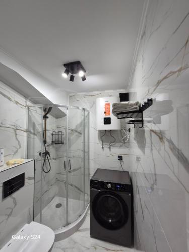 a bathroom with a shower and a washing machine at Apartament " Uznam" w centrum Świnoujścia in Świnoujście