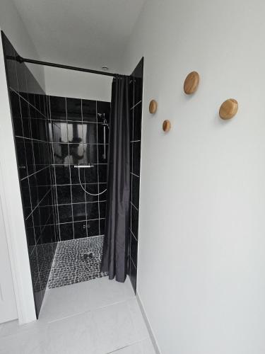 a bathroom with a shower with black tile at Studio indépendant Le Vast in Le Vast