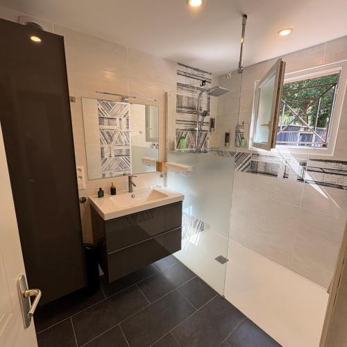 a bathroom with a sink and a shower at Villa Indépendante tout confort Soustons Plage Golf à 900m wifi Bbq in Soustons