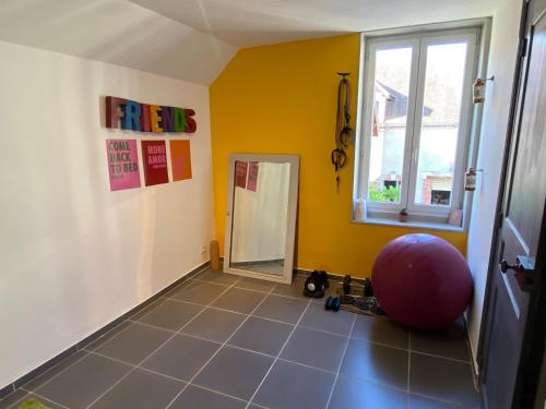 a room with a mirror and a ball on the floor at Pool house-L'hirondelle de Sermizelles- grand jardin, calme et nature aux portes du Morvan in Sermizelles