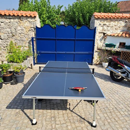 a ping pong table in front of a blue fence at Casa Ciska in Redinha