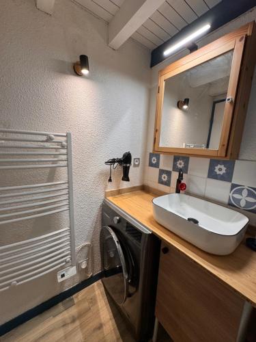 a bathroom with a sink and a washing machine at Helios 105 wifi et terrasse in Barèges