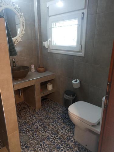 a bathroom with a toilet and a sink and a mirror at Κτήμα Ανάσες Ζωής- Ευγενία Σγούρα in Epanomi