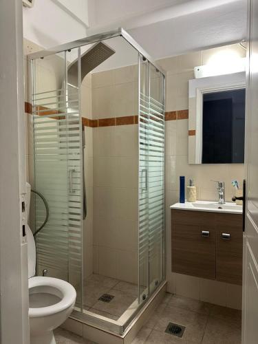 a bathroom with a shower and a toilet and a sink at Margarita'S GetAway in Patra