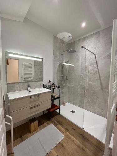 ein Badezimmer mit Waschbecken und Dusche in der Unterkunft Maison Villa Santina in Piquecos