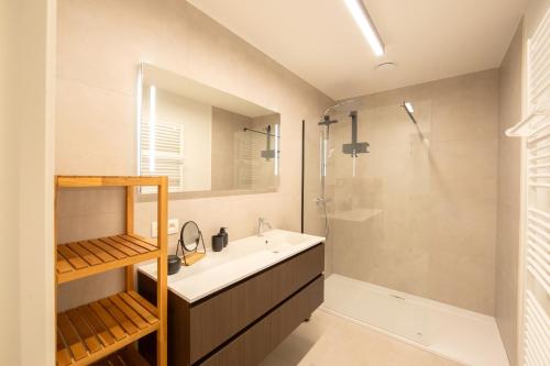 a bathroom with a sink and a shower at Villa Mariella in Nieuwpoort