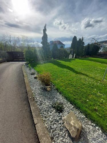 a road next to a field of grass with a garden at Penzion Greenstar in Ústí nad Labem