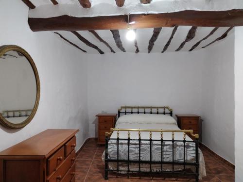 a bedroom with a bed and a mirror at Apartamento rural La Sabina in Zújar