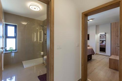 baño con ducha a ras de suelo y puerta de cristal en Luxurious new apartment with pool, en Šajini