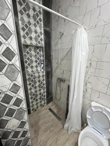 a bathroom with a shower with a toilet at DjerbaArkouMidoun in Arkou
