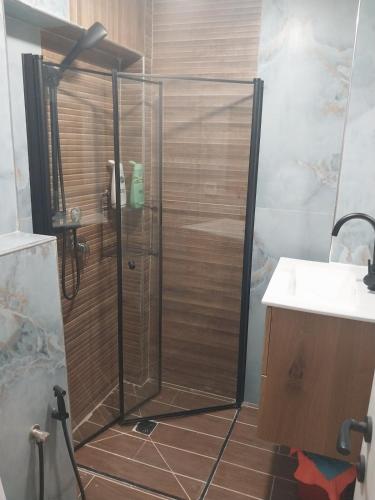 a shower with a glass door next to a sink at רוח של שלווה in Ashqelon