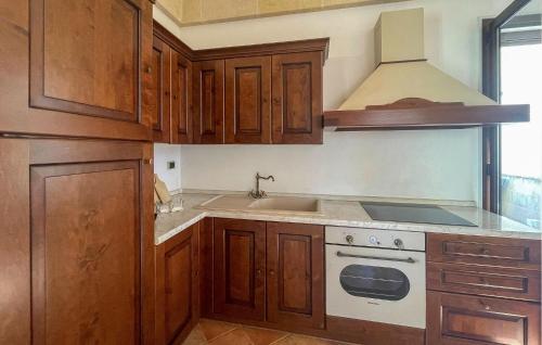 a kitchen with wooden cabinets and a sink and a stove at Lovely Apartment In Torricella With Wifi in Torricella