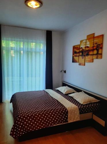 a bedroom with a bed and a large window at Pensiunea Fortuna in Sovata