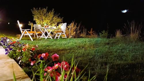 a table and chairs and flowers in a yard at night at ZenFrame Cabin in Tarčin