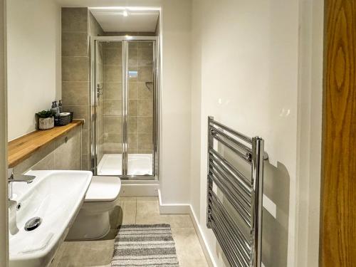 a bathroom with a shower and a toilet and a sink at Flat in Greater manchester in Manchester
