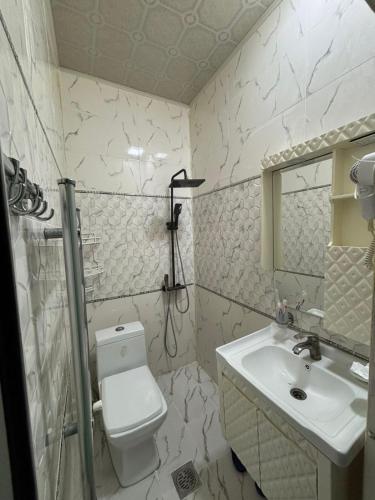 a bathroom with a toilet and a sink at Delfin Hotel & Restaurants & Spa in Ganja