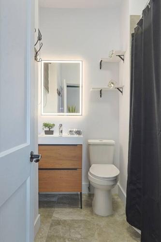 a bathroom with a toilet and a sink and a mirror at Royale 1918, 6bdr, game room, net, pool & more in Beaupré