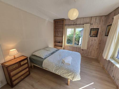 ein Schlafzimmer mit einem Bett, einem Nachttisch und einem Fenster in der Unterkunft Grande maison calme proche centre terrasse jardin in Besançon