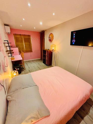 une chambre avec un lit et une télévision à écran plat dans l'établissement WORLDROOM Chambre privée avec espace commun, à Perpignan