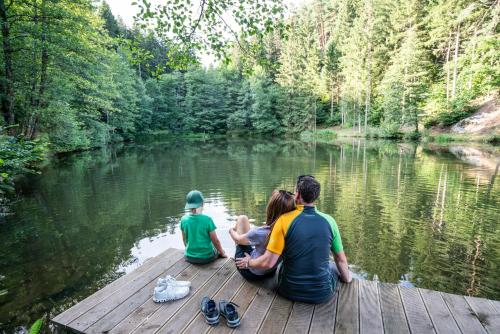 a group of people sitting on a dock by a river at 4Luxuriöses Ferienhaus in traumhafter Landschaft in Döbriach