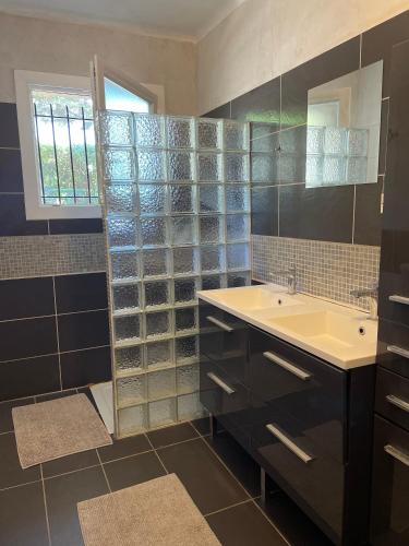 un bagno con lavandino e specchio di Point de départ de randonnées pédestres ou vélo dans le Luberon ad Apt