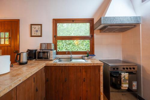 a kitchen with a sink and a stove and a window at Azores Casa da Mata wellness Spa in São Vicente Ferreira