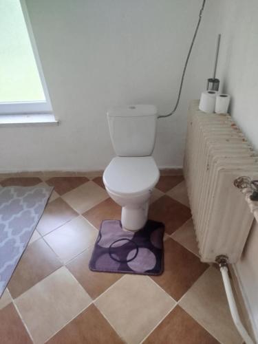 y baño con aseo en el suelo de baldosa. en Apartmán Na Myslivecké, en Zlaté Hory
