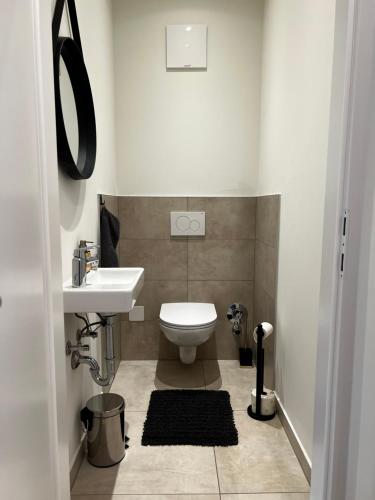 a small bathroom with a toilet and a sink at Ossiach Heights - Penthouse mit See- und Bergblick in Altossiach