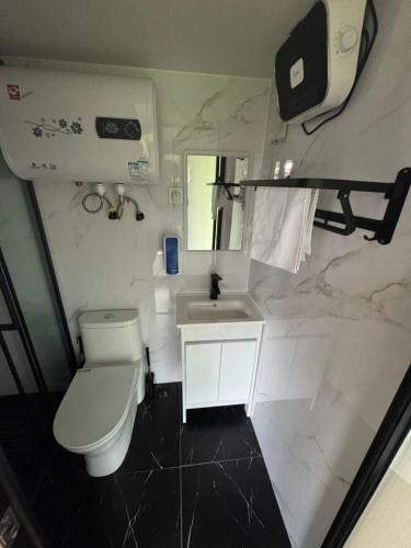a white bathroom with a toilet and a sink at Klockerhof Appartements I Rooms in Hart bei Graz