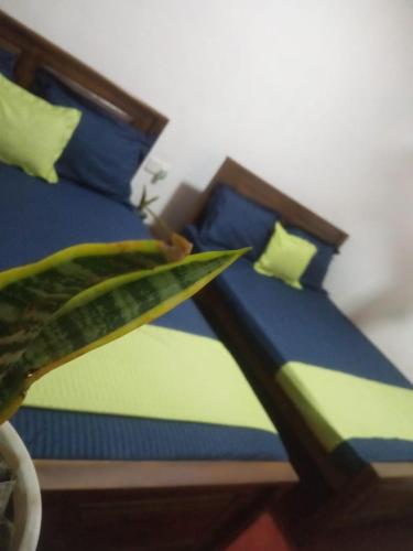 a bed with blue and green sheets and pillows at Impress Holiday Home in Anuradhapura