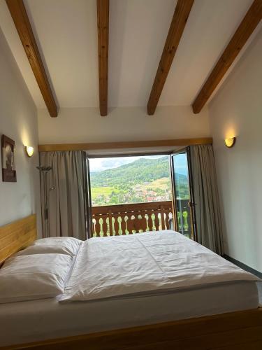 a bedroom with a bed with a large window at Selský Dvůr Perštejn in Pürstein