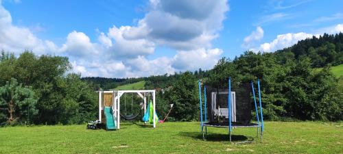 a group of playground equipment in a field at Domki letniskowe Widokówka Zawóz nad jeziorem Bieszczady in Zawóz