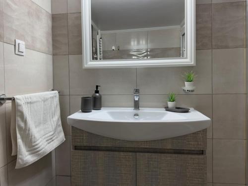 a bathroom with a white sink and a mirror at Heart of Athens 2BR Walk Everywhere in Athens