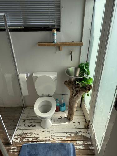 a small bathroom with a toilet and a sink at Blue Lagoon 4x4 Cottage in Umngazana
