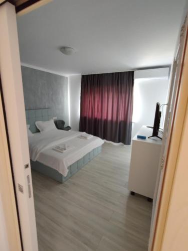 a bedroom with a bed and a window at Studio Vata in Vaţa de Jos