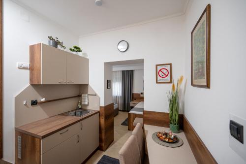 a kitchen and living room with a sink and a table at Kollar D Guest House - Prenoćište ROOMS in Subotica