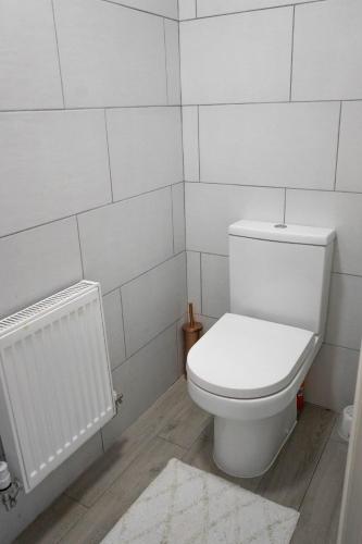 a white bathroom with a toilet and a radiator at Stylish Chalet 5min to Beach in Swansea