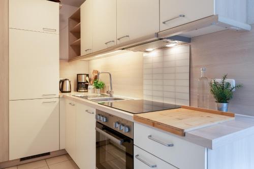 a kitchen with white cabinets and a sink at Dreiseenhaus in Niederkleveez