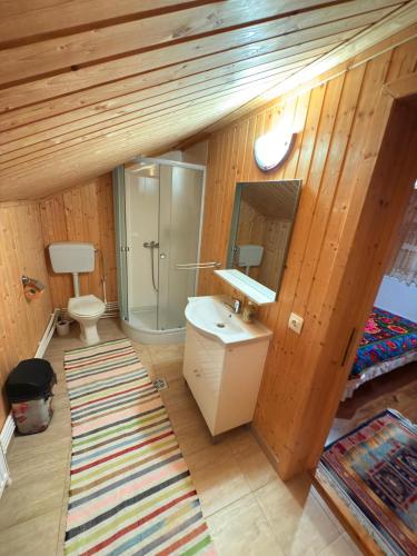 a bathroom with a sink and a toilet and a mirror at Casa de la ferma Mariuca in Berbeşti