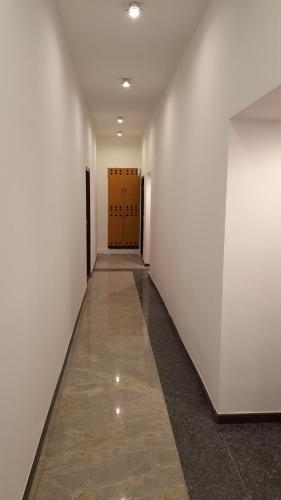 a hallway with white walls and a wooden door at Cozy Central Retreat in Budapest