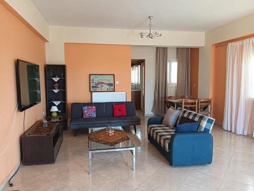 a living room with a couch and a tv at Xenonas house 365 in Stavros