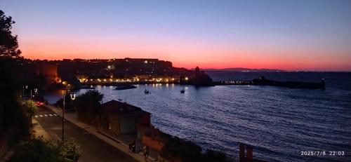 a view of a river with a city at sunset at Spacieux T2 à deux pas de la mer in Collioure